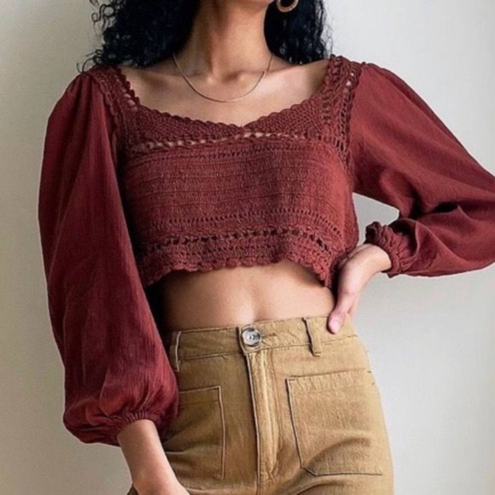 Free People Cynthia Crochet Crop Top Brick Red Women's Size Large